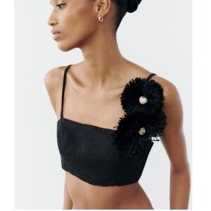 Zara textured rafia flowers linen top